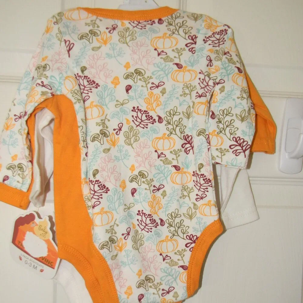 Baby Kiss 3 Bodysuits Fall Thanksgiving Autumn Pumpkin Orange 0-3M NWT